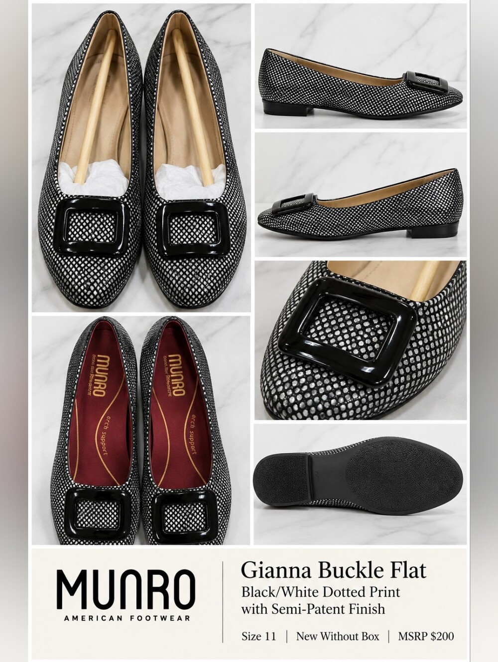 Munro Black and White Dotted Gianna Buckle Flats - NWOB